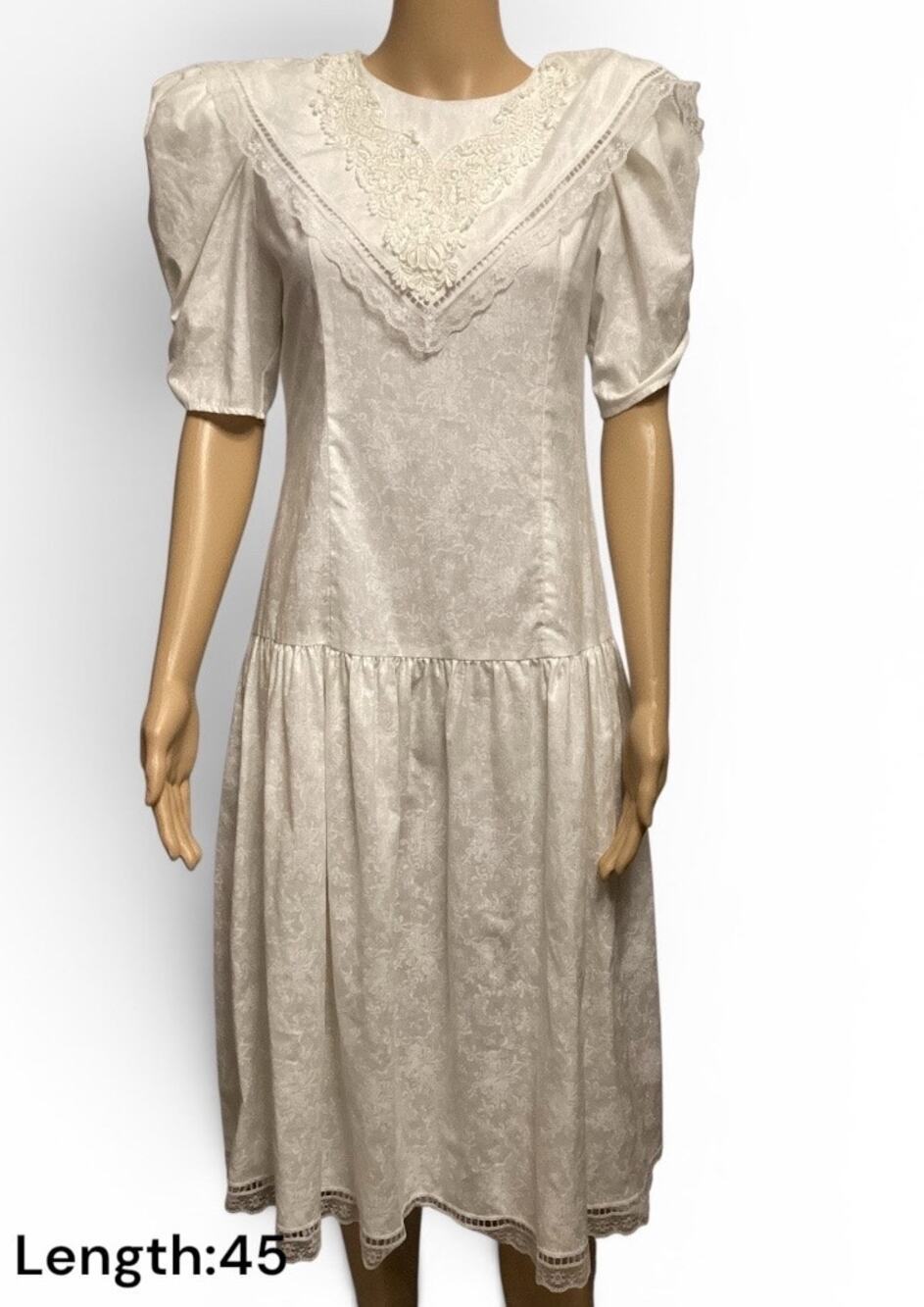 Vntg 80s Gunne Sax White Lace Drop Waist Dress Puff Sleeve Cottagecore size 14